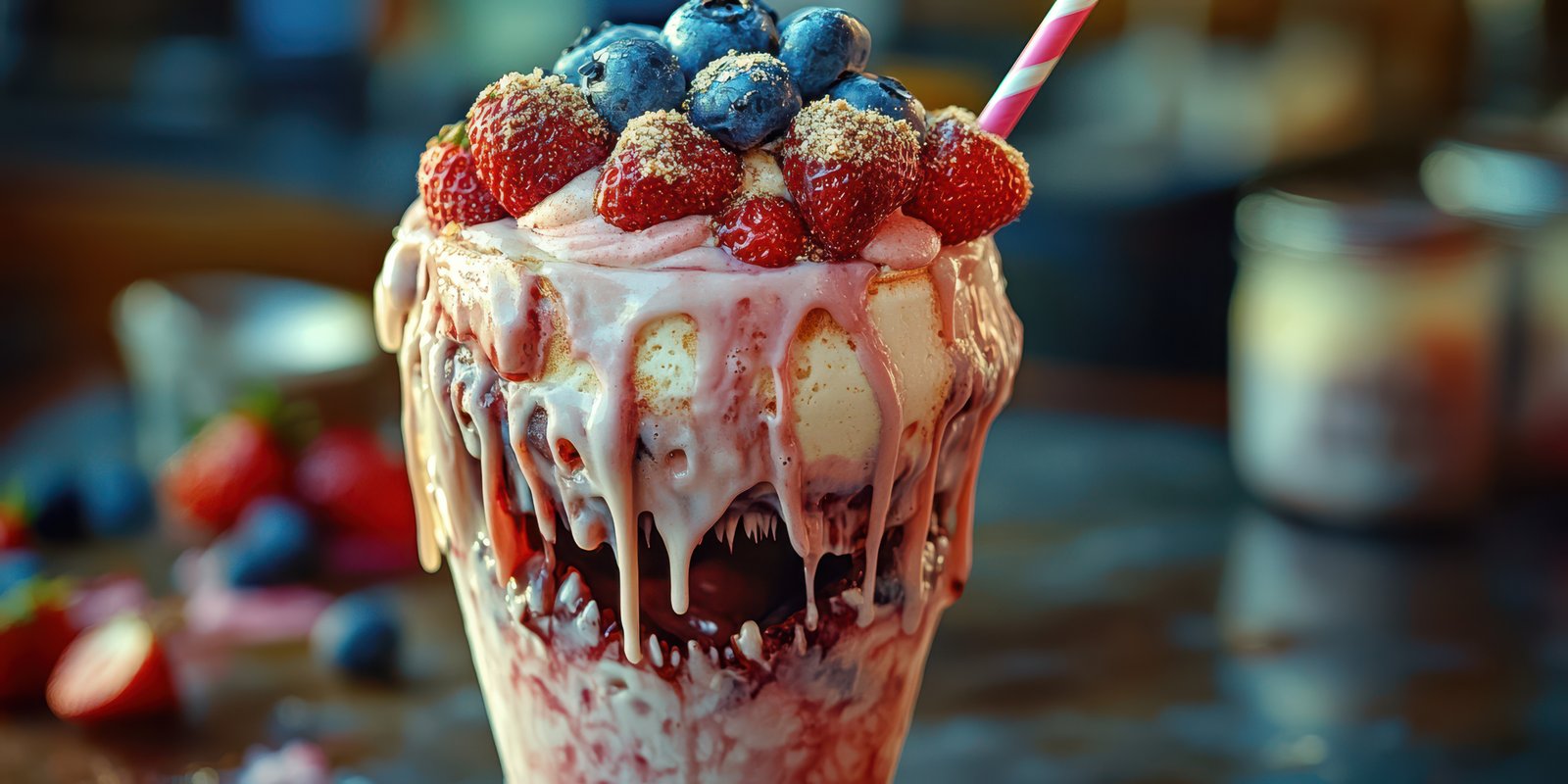 Indulgent milkshake topped with fresh strawberries and blueberries at a cozy cafe in summer